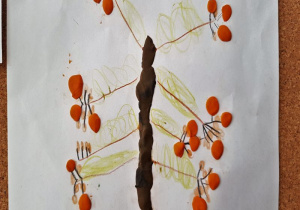 praca plastyczna: drzewo jarzębiny narysowane kredką a czerwoną plasteliną wyklejone kropko - jarzenina
